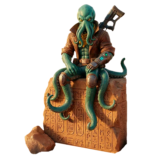 Mascote da INKD Games sentado em um bloco de pedra esculpido